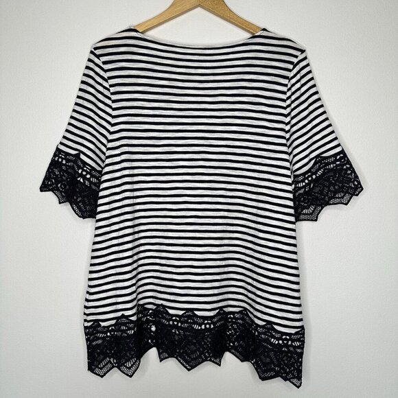 Chicos Knit Top Tee Size XL Navy White Stripe Slub Lace Hem Nautical - Picture 3 of 10